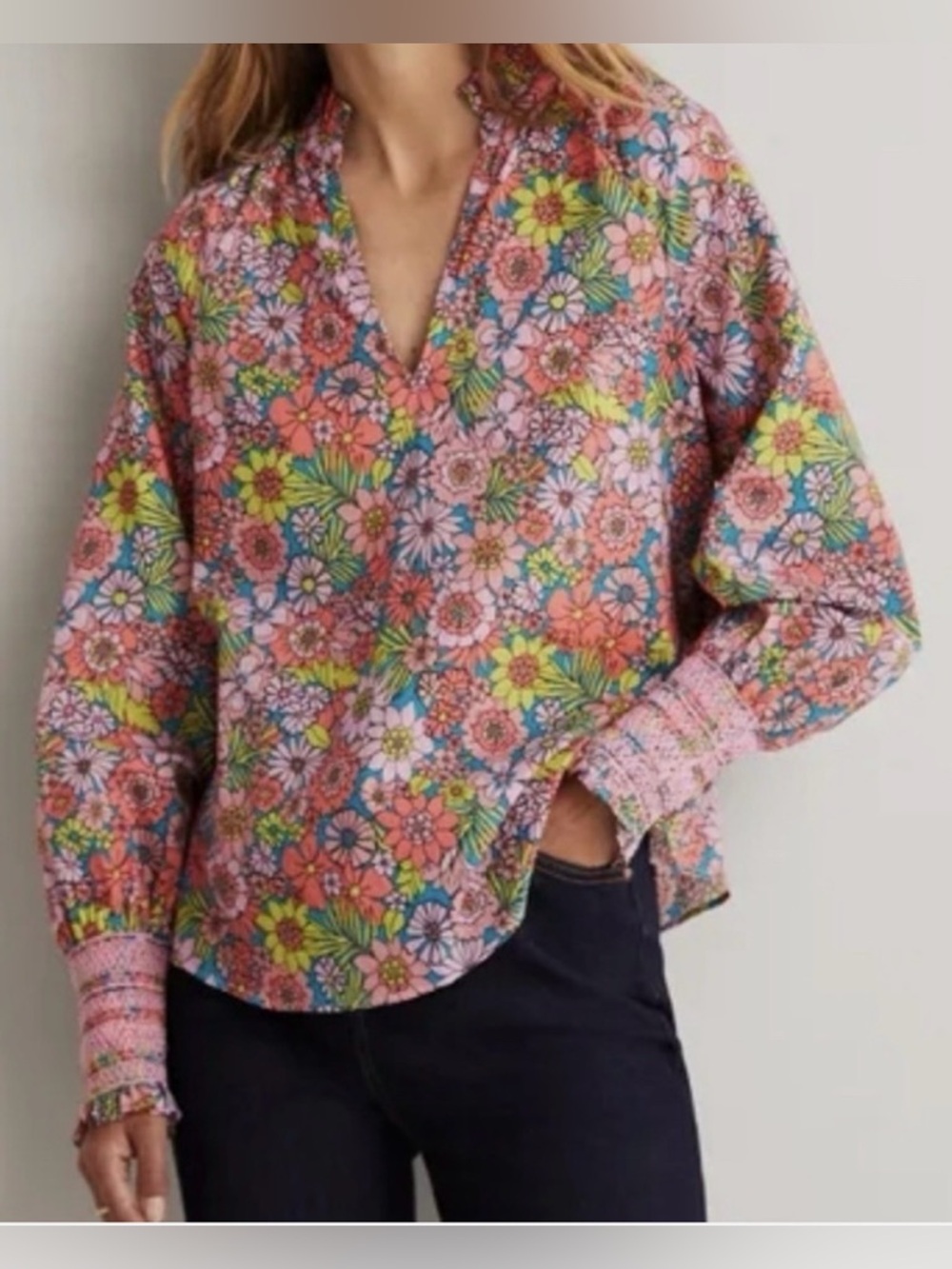 NWT Boden Pink Floral Garden Cotton Blouse Ruffle V-Neck Smocked Cuff Size US 14